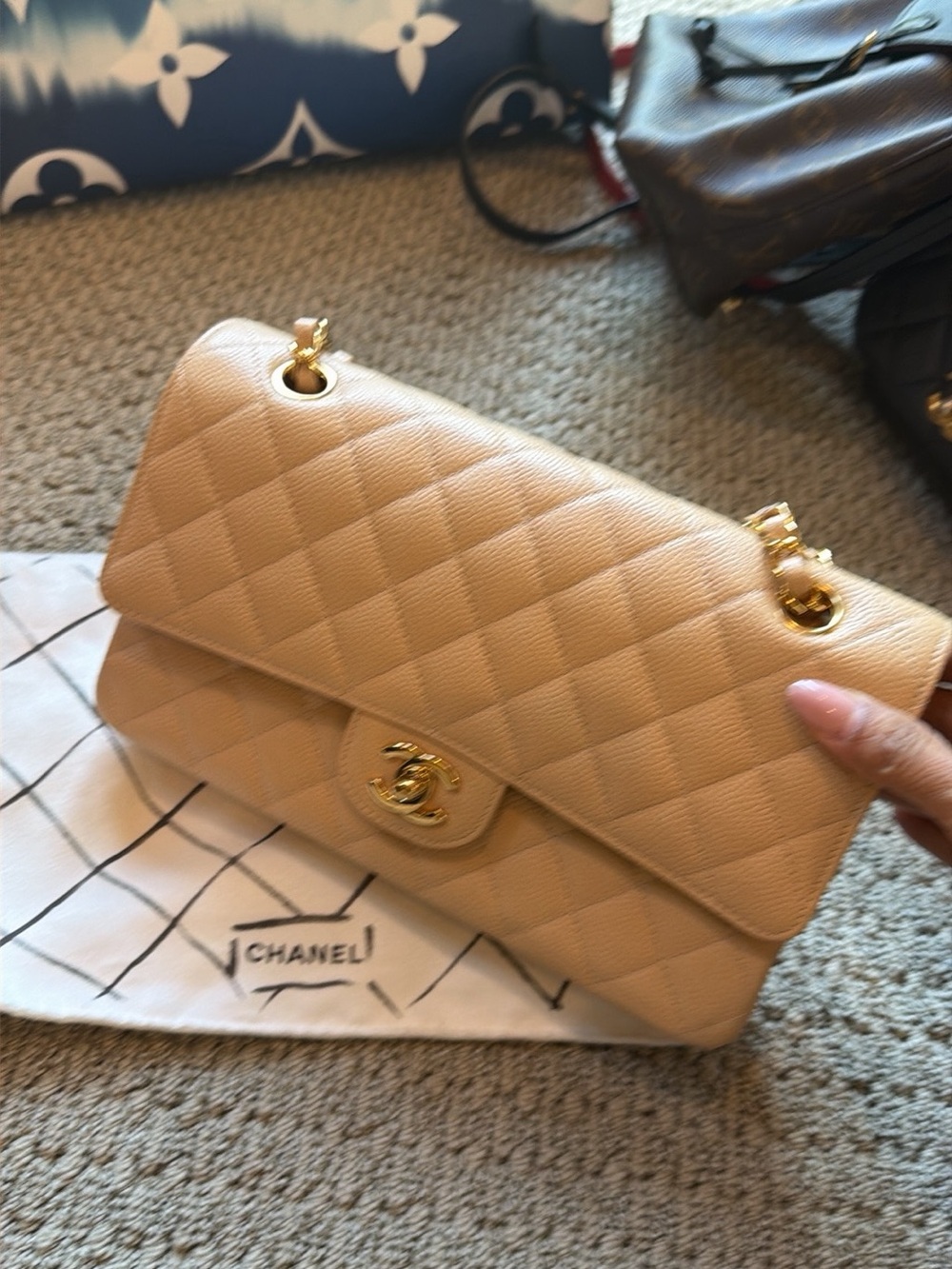 CHANEL Beige Quilted Caviar Leather Double Flap Shoulder Bag with Gold Hardware